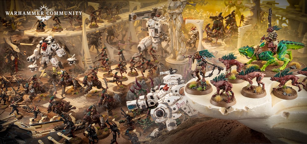 The full Kroot range on the designers' table: warriors, Hounds, a Krootox rider, and other evolved lineages, a visual map of the Shaper programme