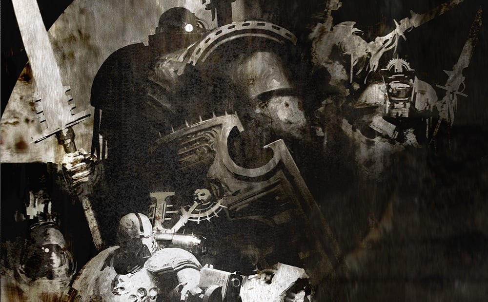 A shadowed, indistinct Heretic Astartes warrior