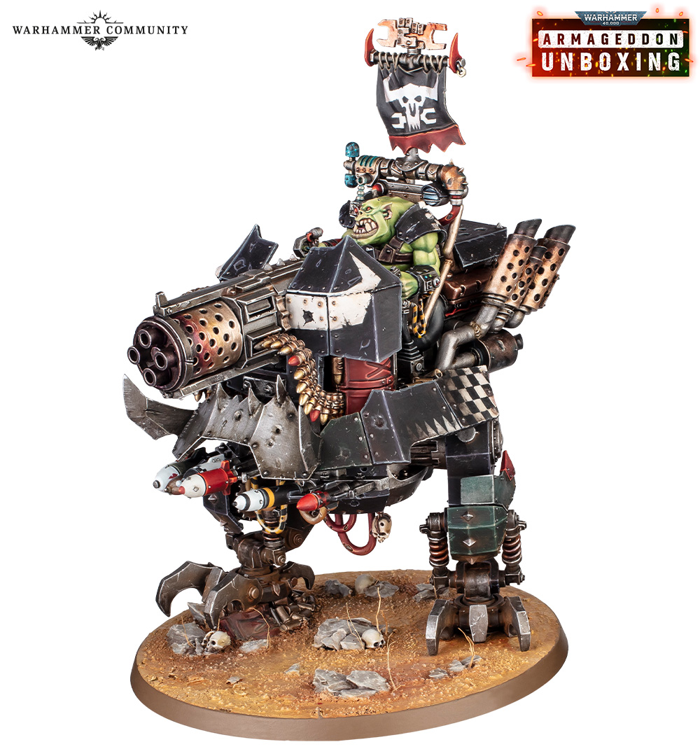 The Big Mek Dakkarig, a new Ork walker with a rotating multi-barrelled cannon and a rider in the cockpit