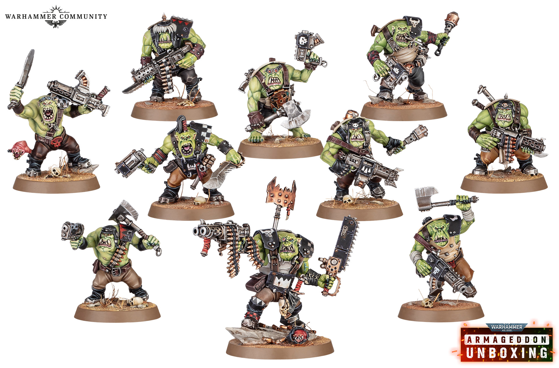 Ten Ork Boyz from the Armageddon box, push-fit studio models with shootas and choppas