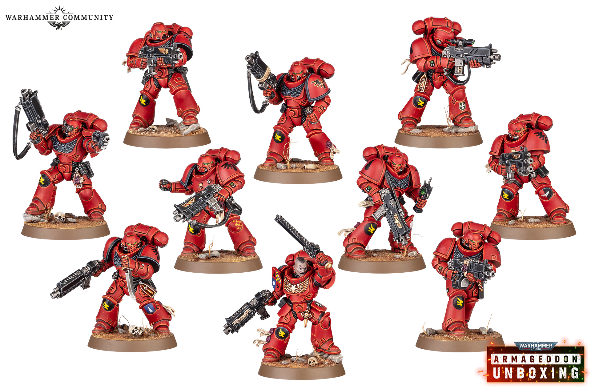 Ten Blood Angels Intercessors from the Armageddon box, red push-fit studio models