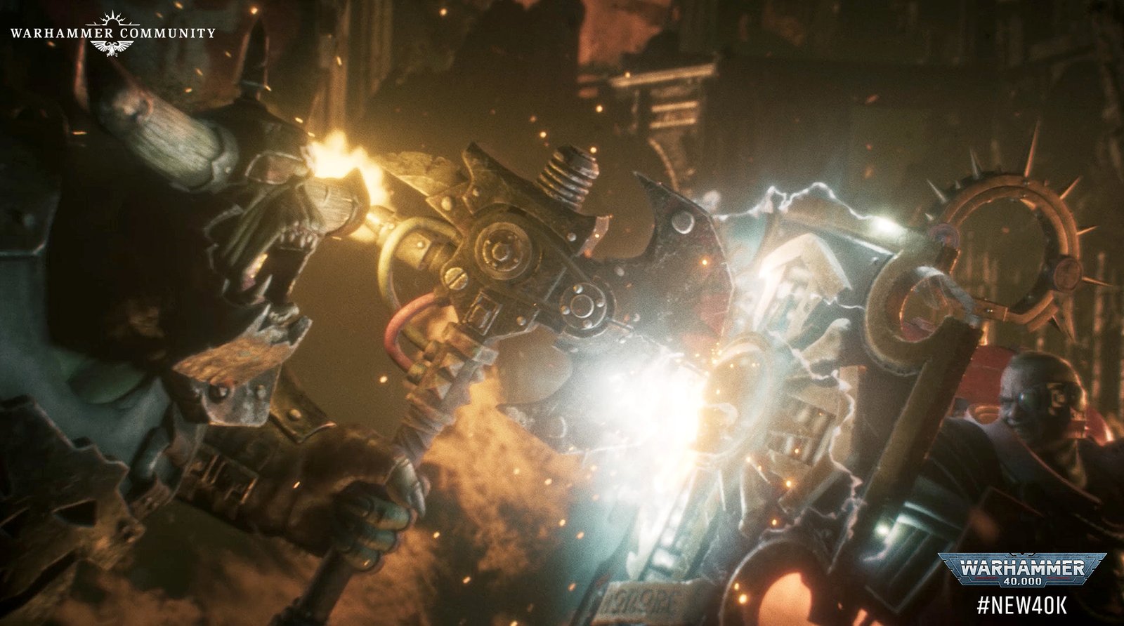 An Ork power klaw clashing with a Space Marine's weapon in a shower of sparks