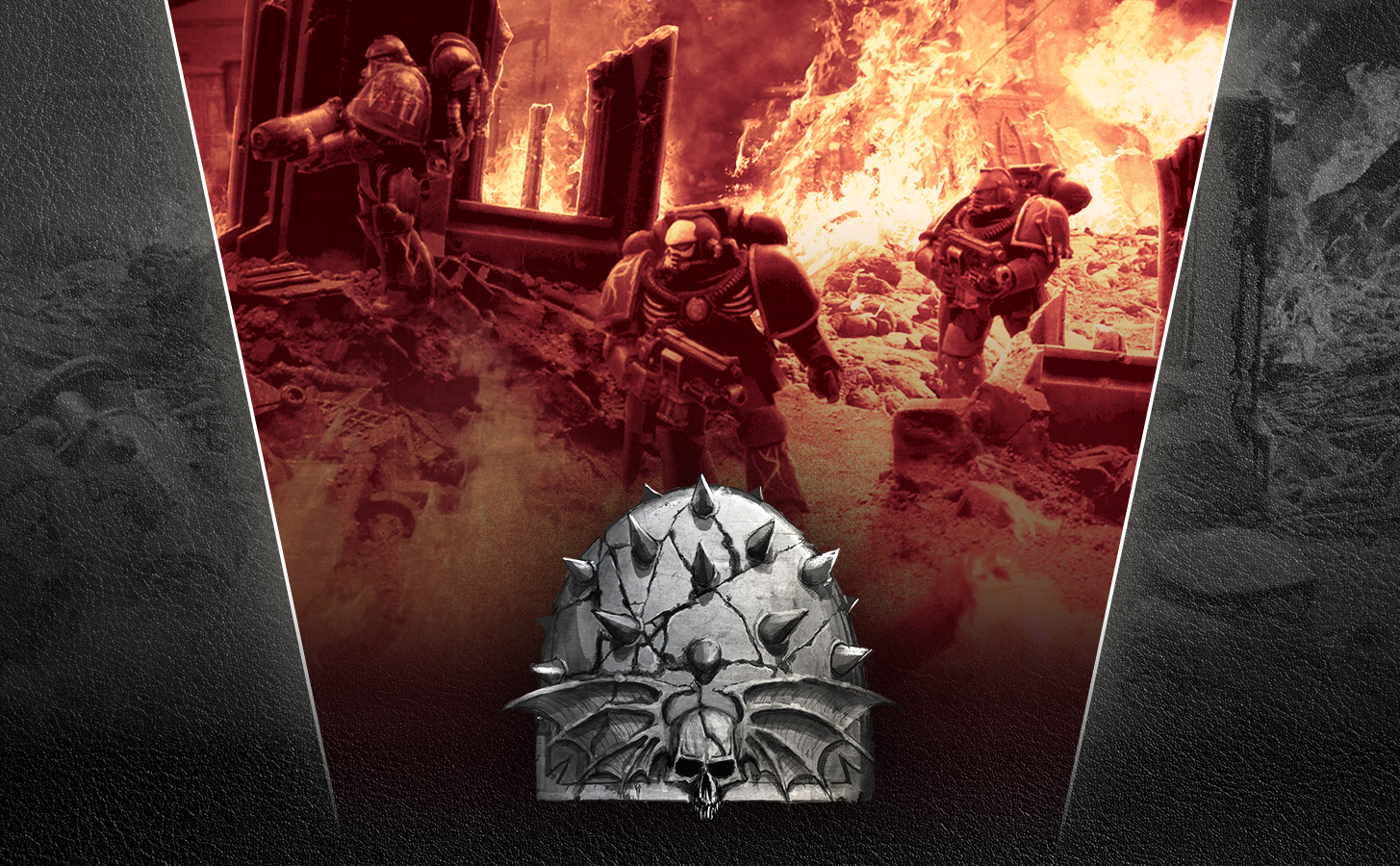 The Night Lords' winged-skull shoulder badge over legionaries advancing through a burning city