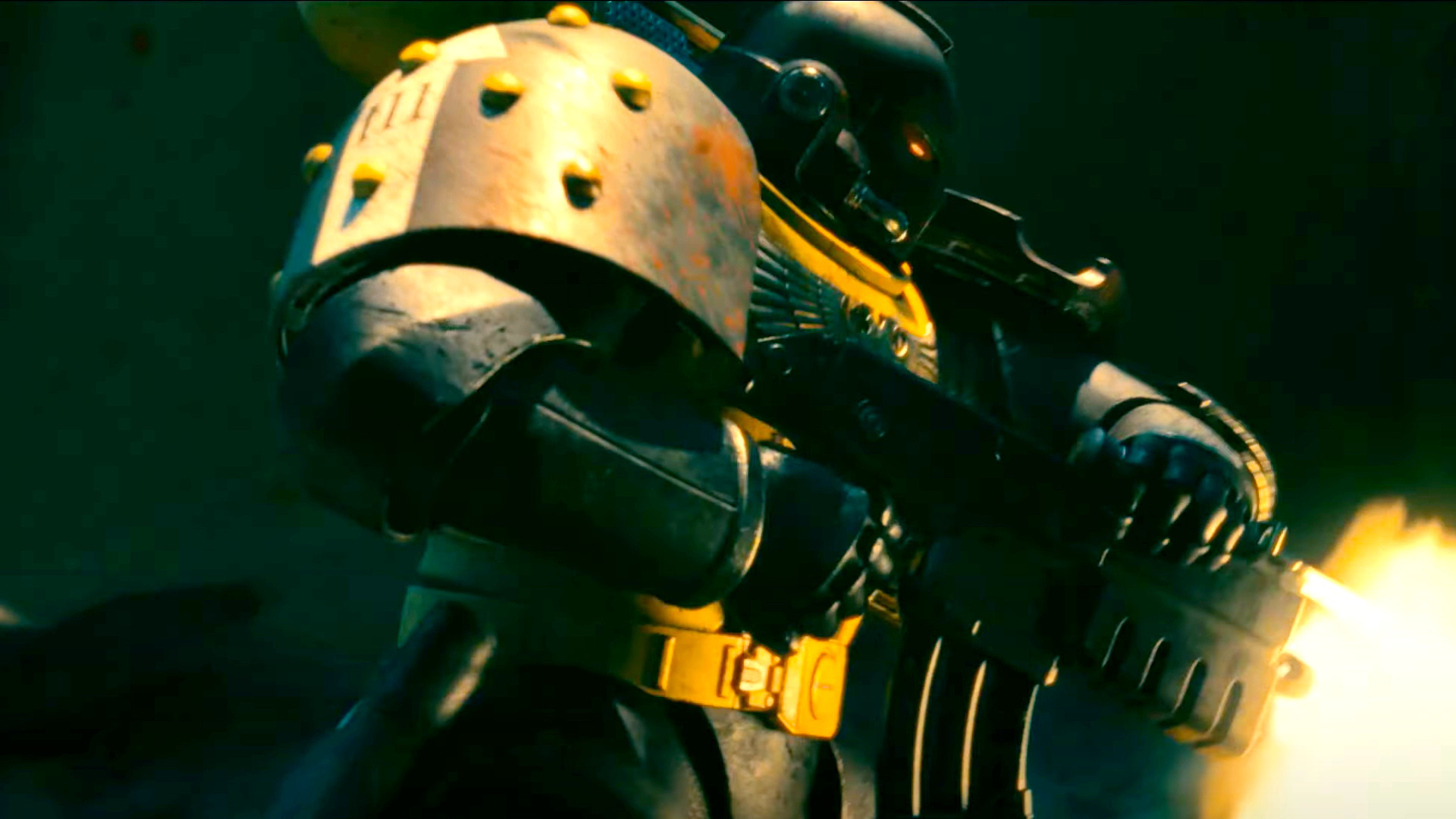 A black and yellow Space Marine of the Scythes of the Emperor firing a bolter from behind a boarding shield