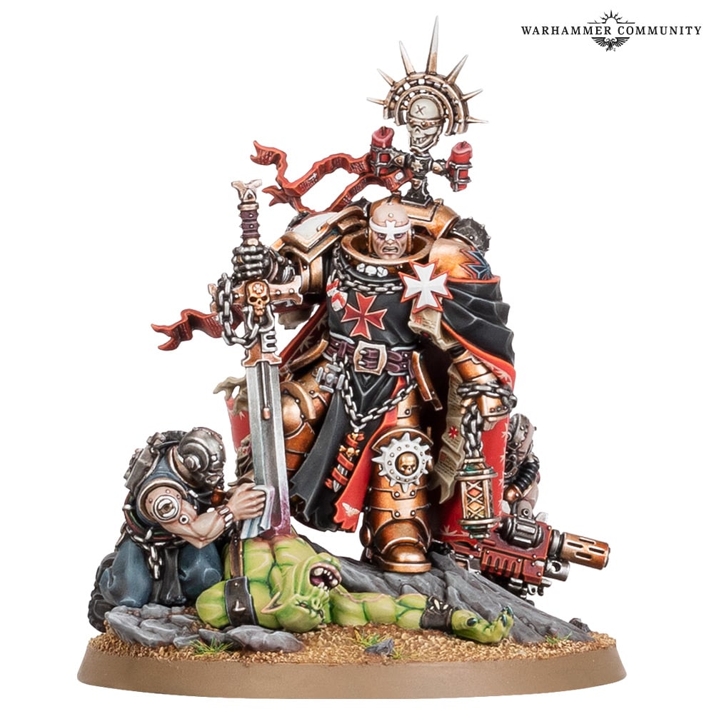 High Marshal Helbrecht standing over a slain Ork warboss