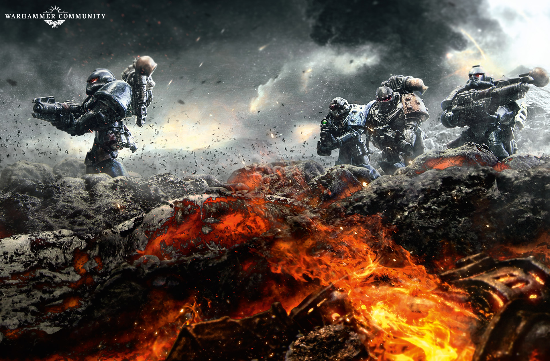 Blackshield legionaries in blackened, mismatched power armour advancing over burning rubble