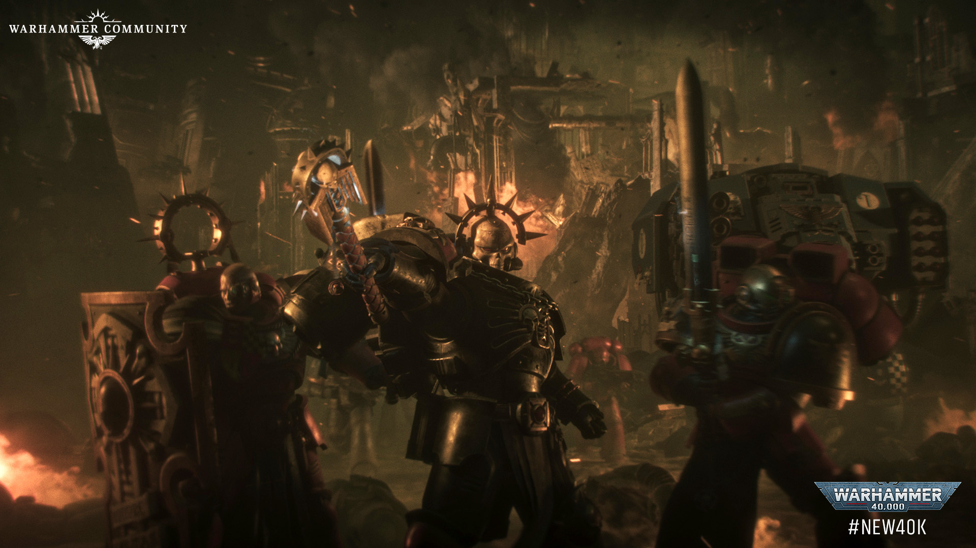 Armageddon warfare scene with Space Marines battling Orks across burning hive city terrain
