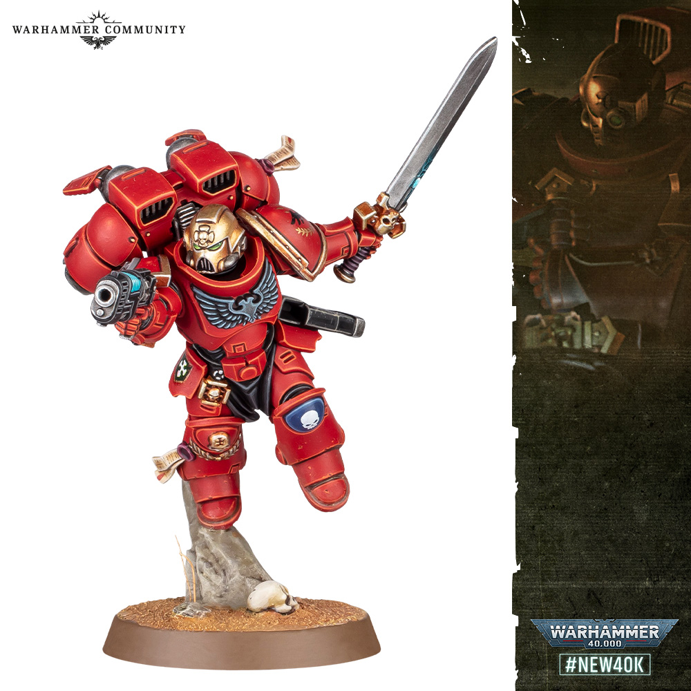 Blood Angels Vanguard Veteran with golden helmet and plasma pistol, from the Armageddon launch box