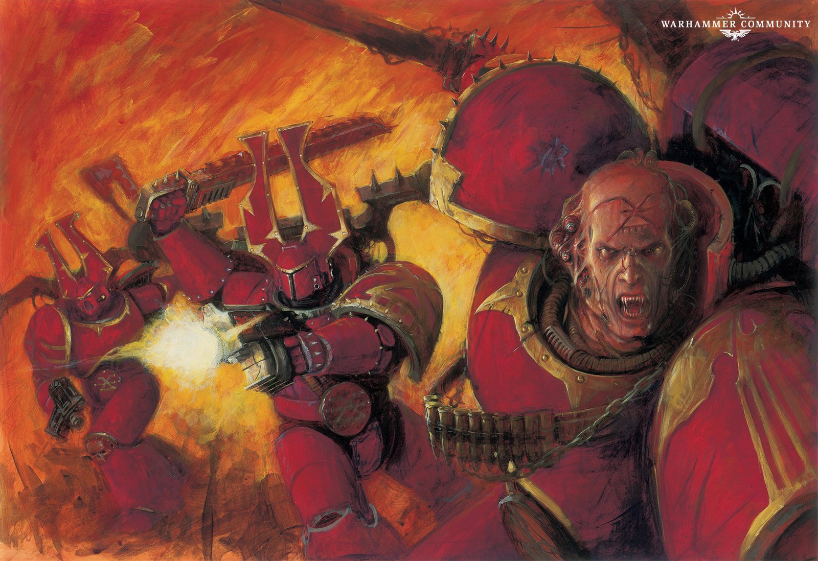 World Eaters Berzerkers charging, the unhelmeted one in the foreground showing cranial implants and cables running into his skull