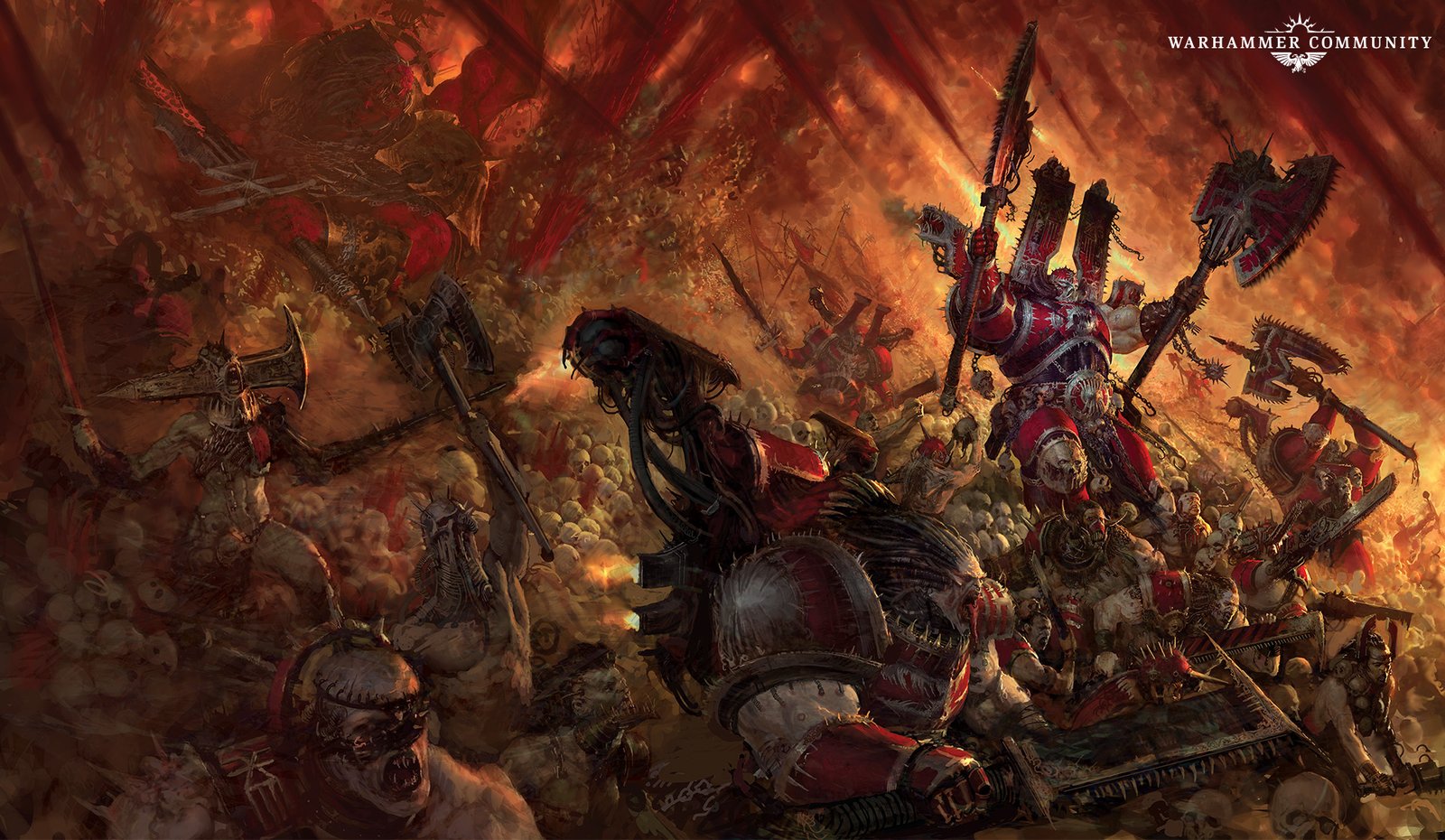 A vast horde of World Eaters and Khorne champions fighting across a field of skulls under a red sky