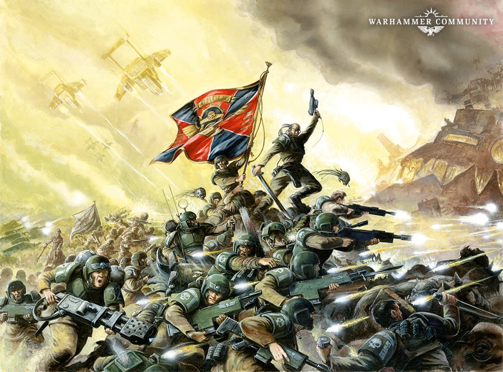 Cadian Shock Troopers charging behind their regimental banner