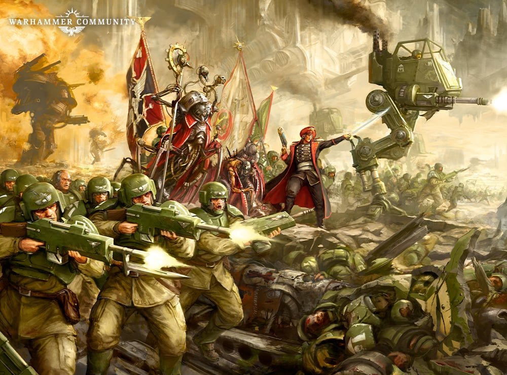 Cadian Shock Troopers fighting beside an officer in red, the post-Cadia regiments stretched across new fronts