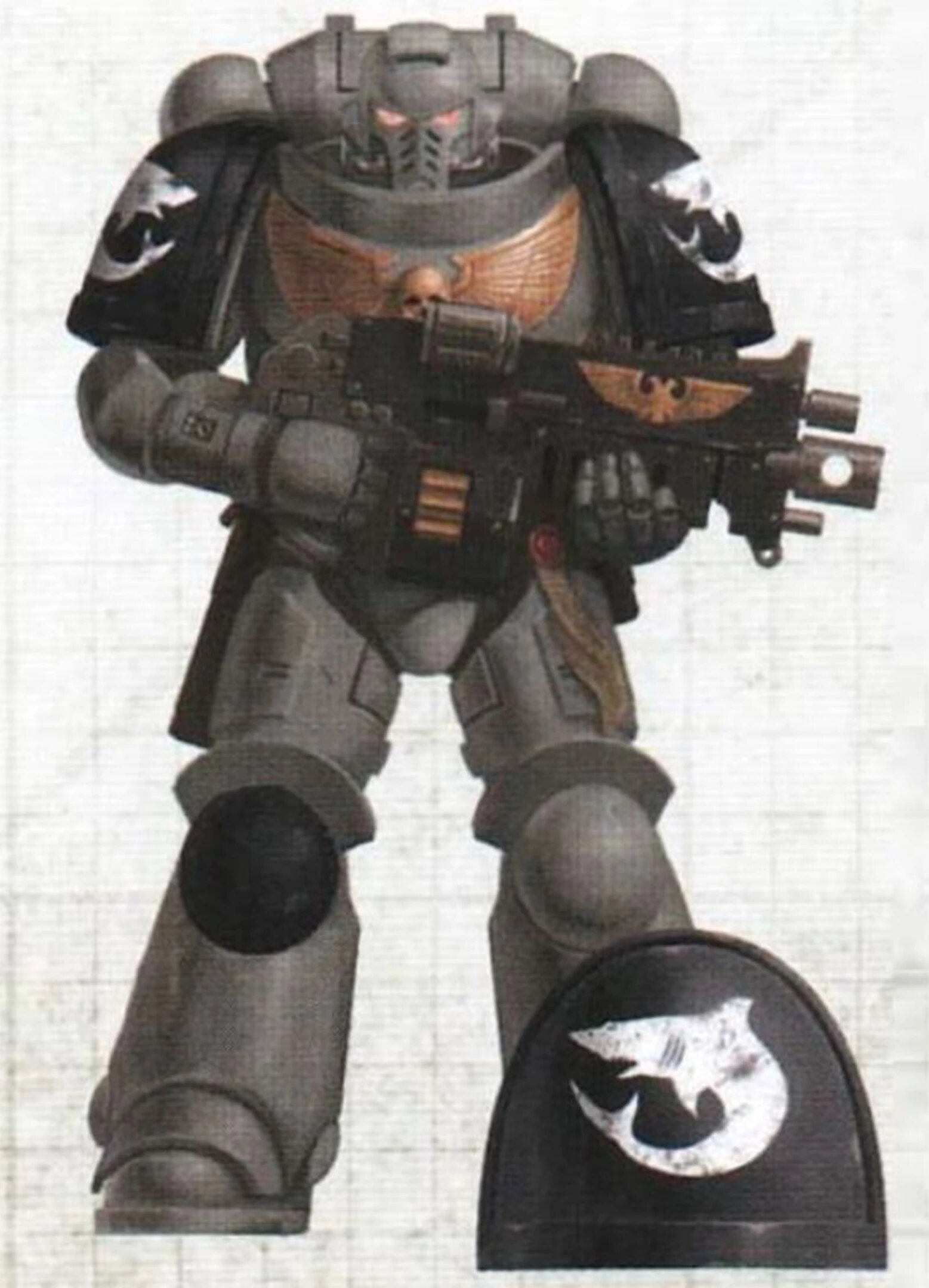 A Carcharodons Primaris Marine in grey armour with the white shark chapter icon