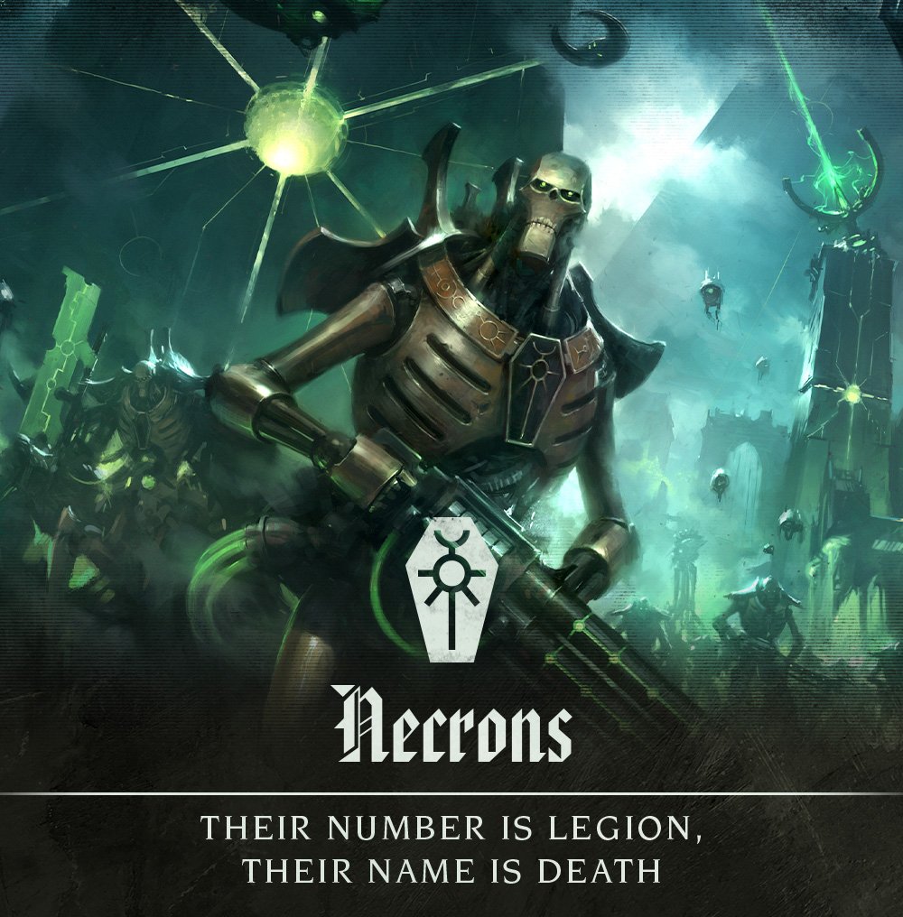 A towering Necron Overlord stands amid ancient ruins with green warp energy crackling overhead