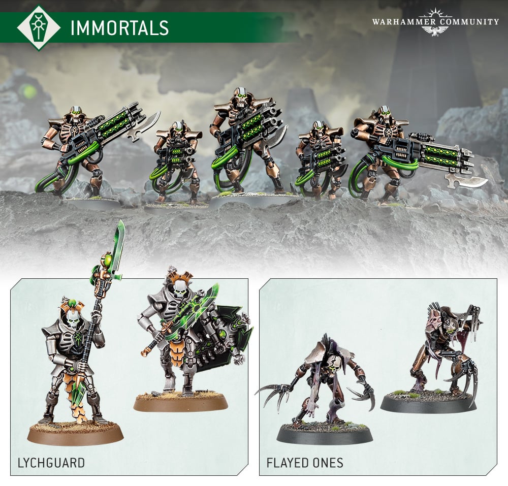 A vast green tide of Necron warriors floods through the ruins of a lost world