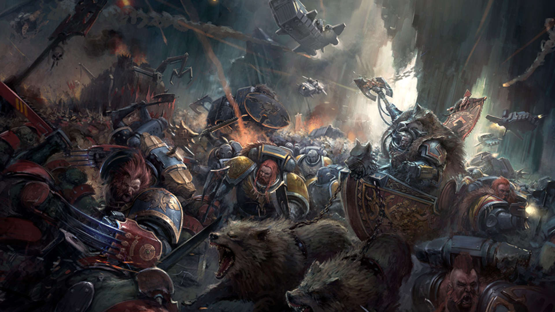 Space Wolves charging into battle alongside Fenrisian wolves in a rain-lashed warzone, painted artwork