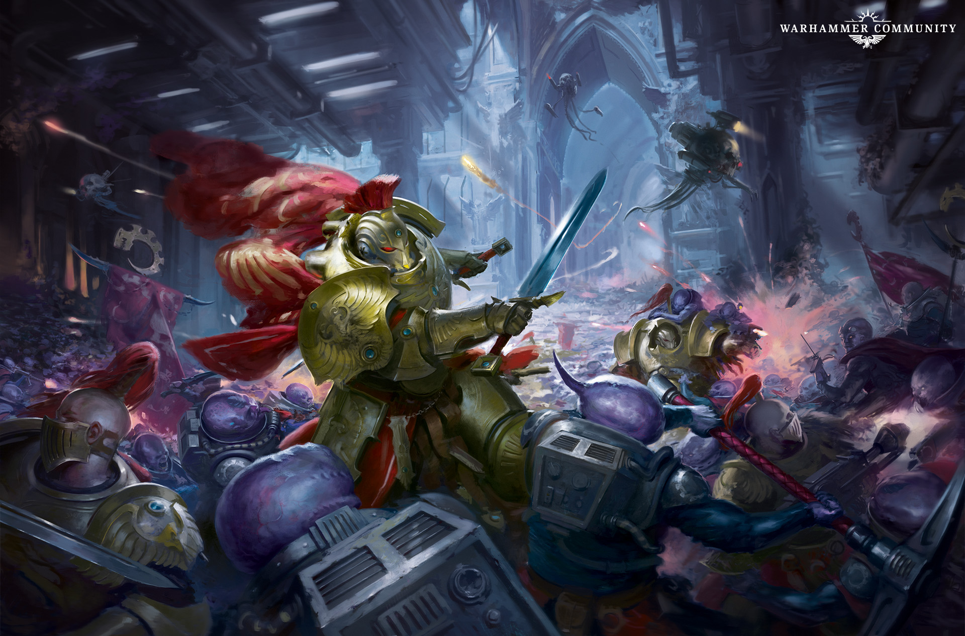 A Custodian fighting at close quarters in a corridor, surrounded by enemies