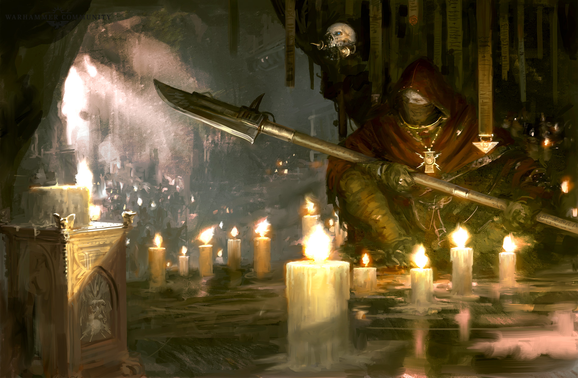 A hooded Custodian keeping a candle-lit vigil in the vaults beneath the Imperial Palace