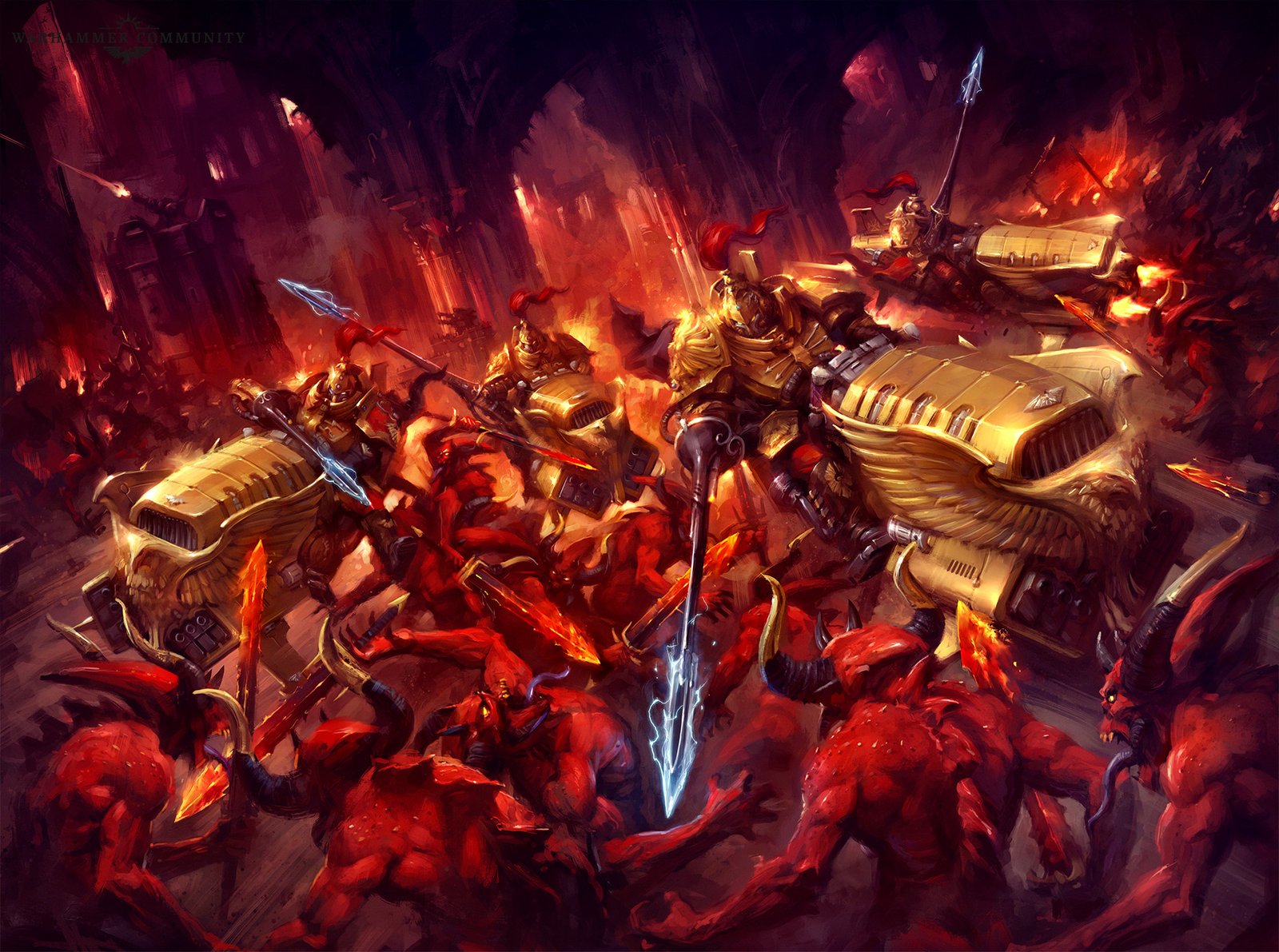 Custodians on Gyrfalcon jetbikes cut into a Khorne daemon host