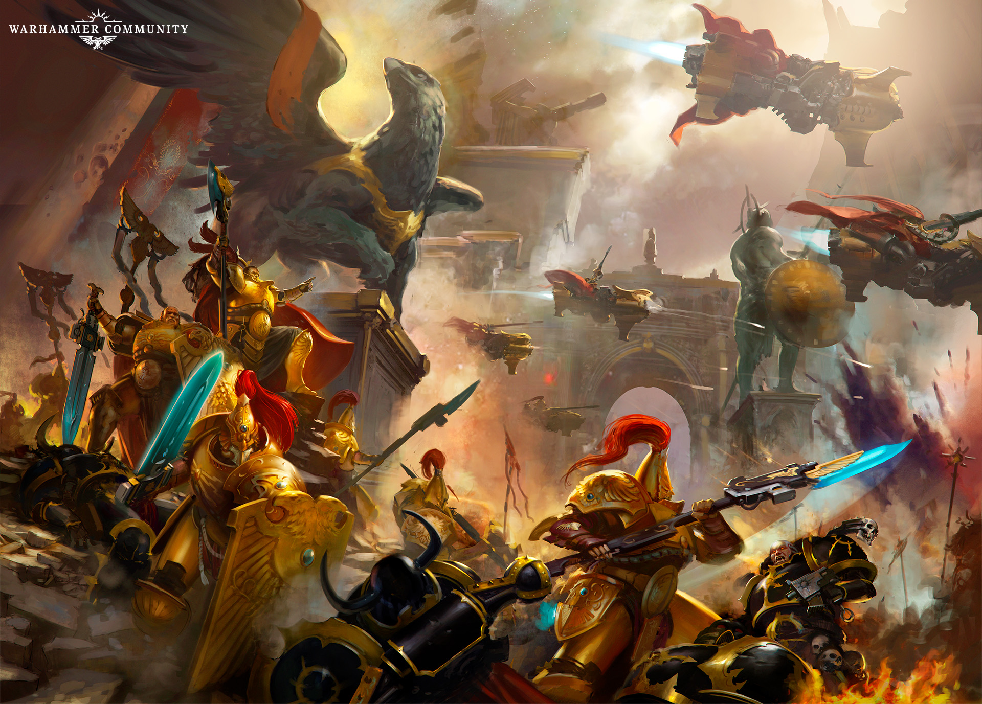 A golden host of Custodians advancing with guardian spears and shields