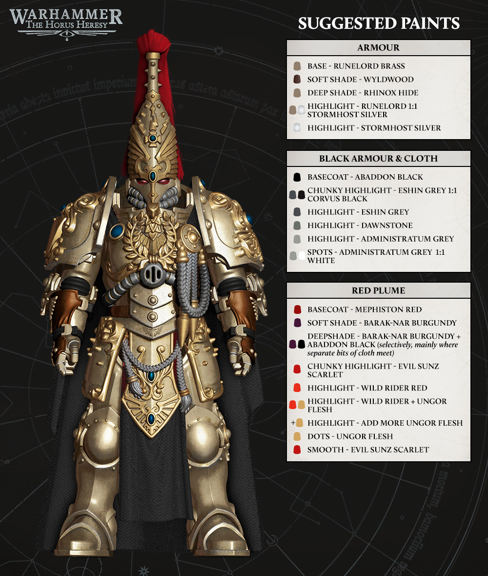 The official Templi Veritas colour plate, showing pale brass armour, black cloth and a red helmet plume alongside suggested paints