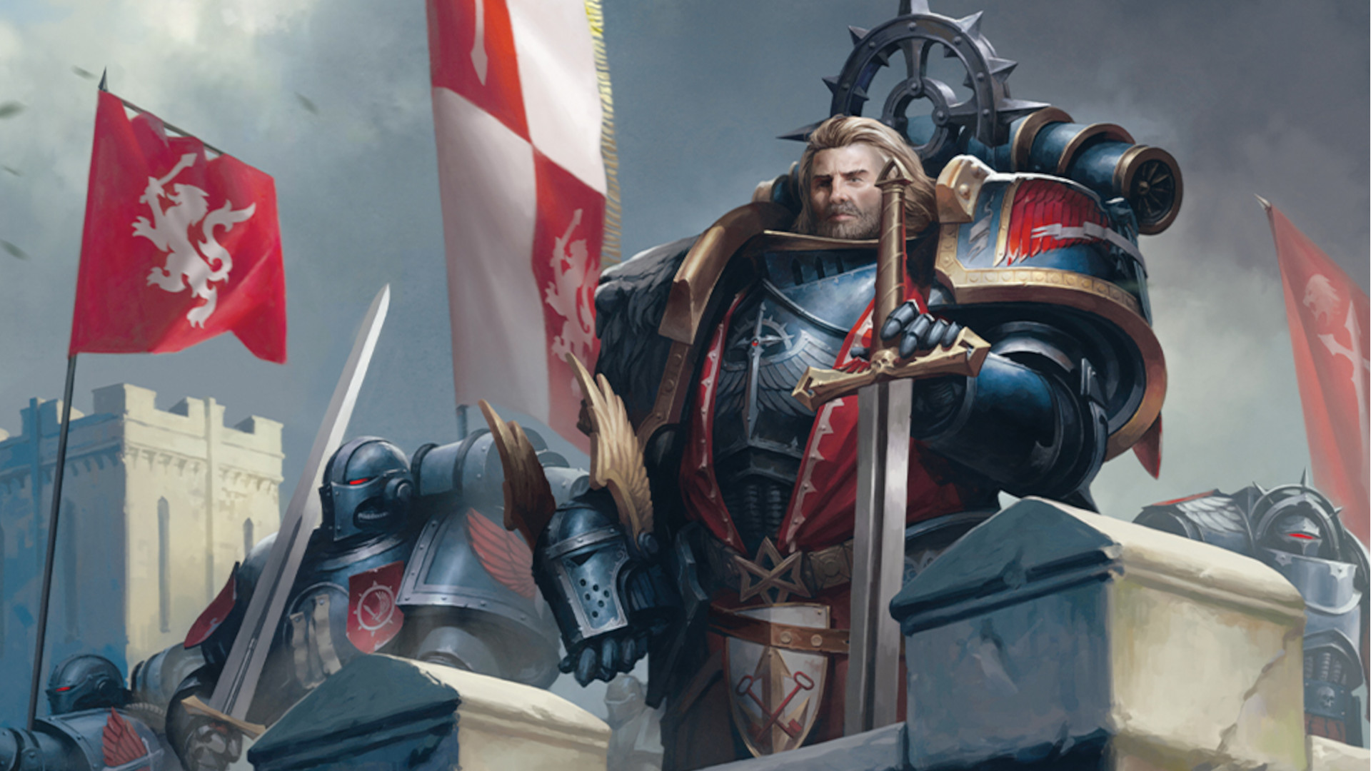 Lion El'Jonson, Primarch of the Dark Angels, on the battlements with his blade and the Emperor's Shield