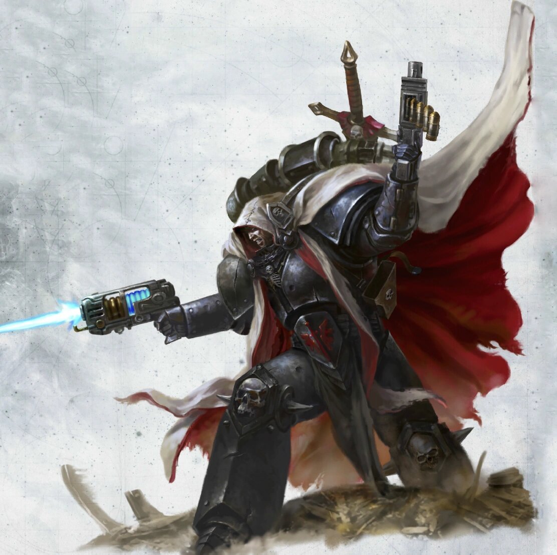 Cypher, Lord of the Fallen, kneeling and firing his plasma pistol with the great sword sheathed on his back