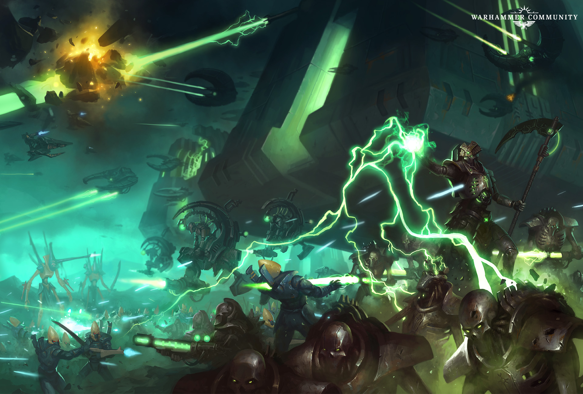 A Necron Overlord casts green lightning over ranks of warriors