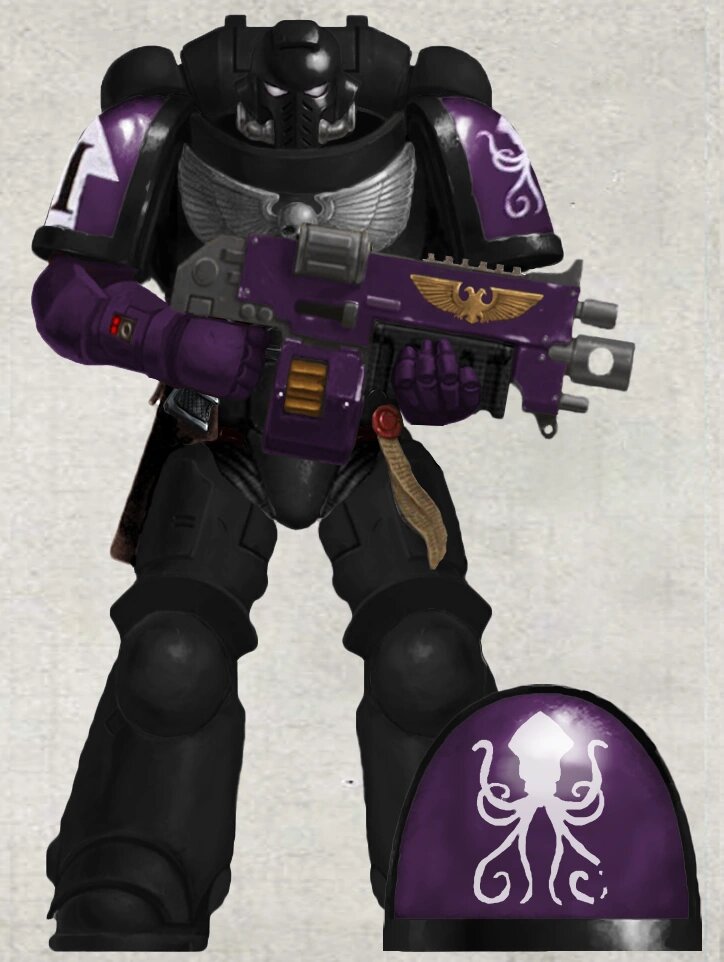 A Dark Krakens Primaris Intercessor in purple and black armour with a white kraken icon on the shoulder