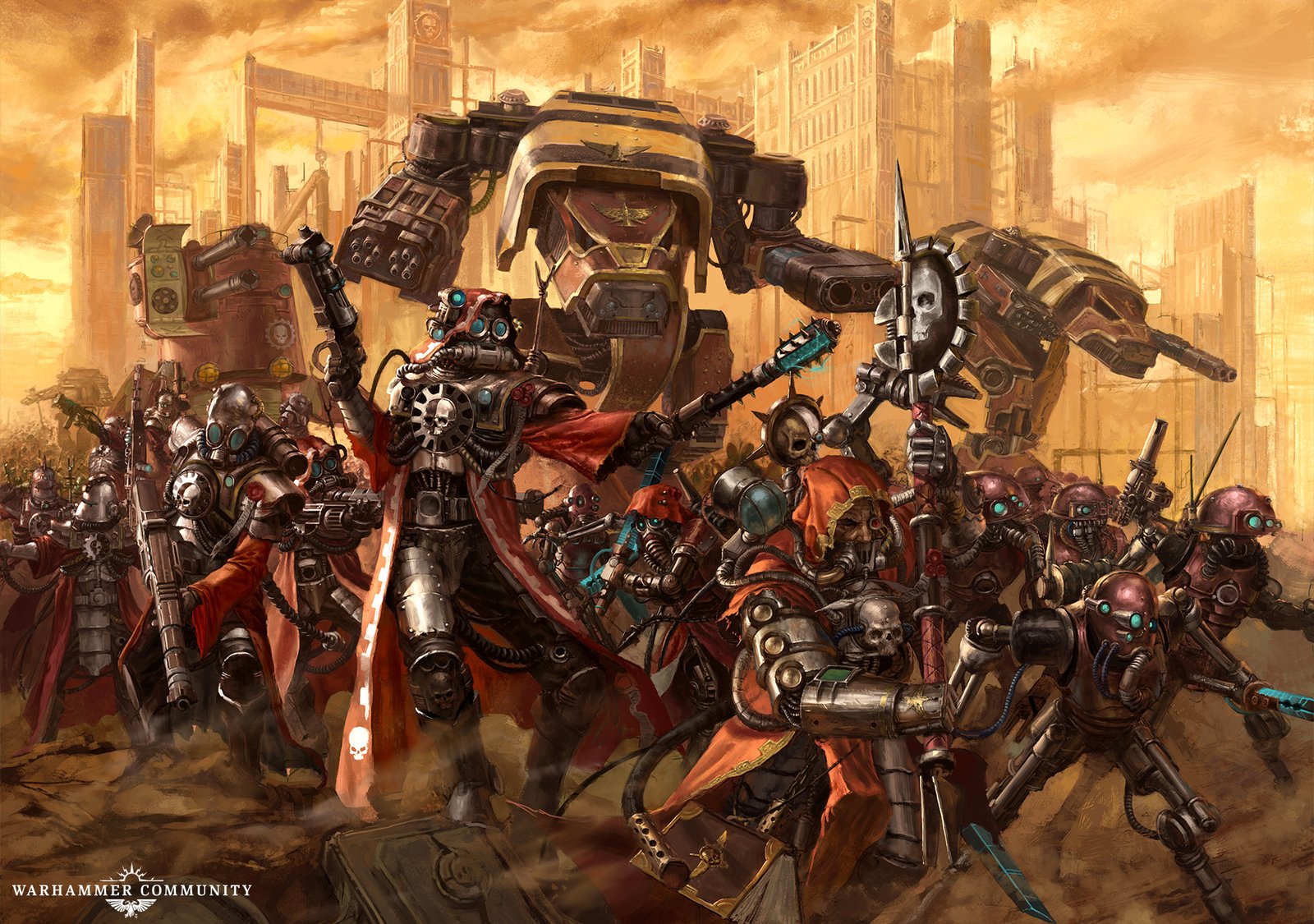 An Adeptus Mechanicus army on the march led by a Tech-Priest and a towering battle robot through a hive city