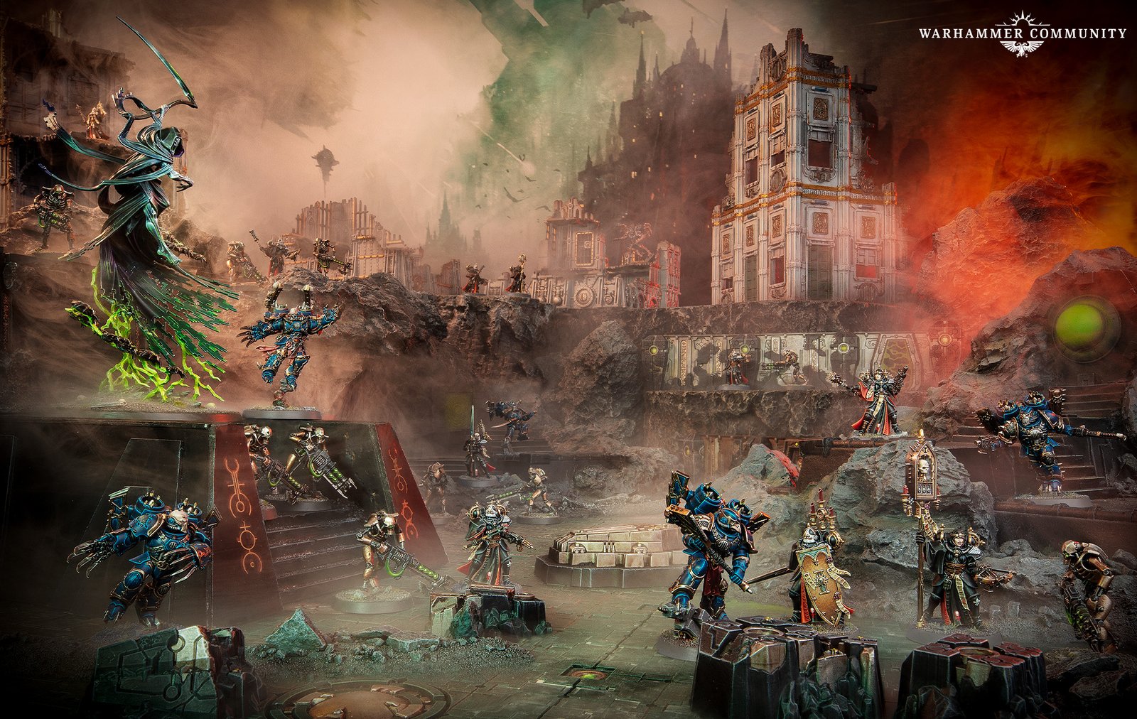 Necron warriors advancing through a ruined Imperial cityscape under a blood-red sky