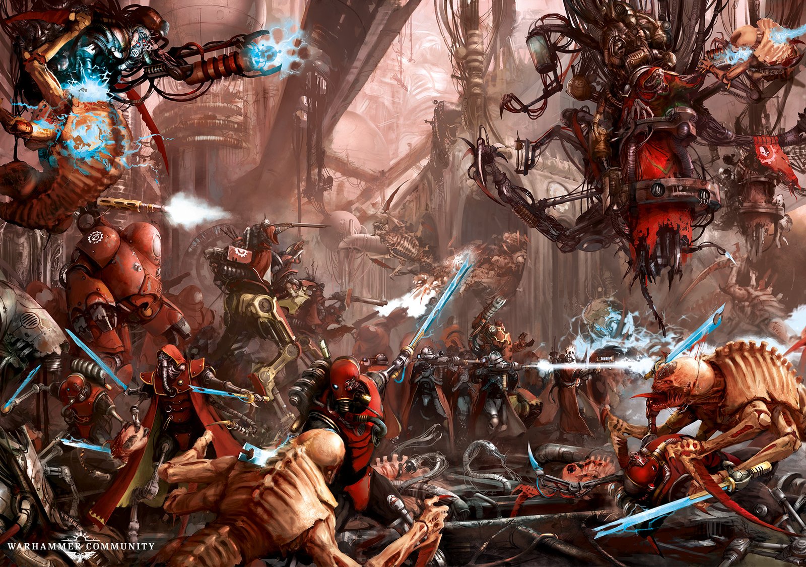 Skitarii and Tech-Priests fighting at close quarters in a blood-lit forge