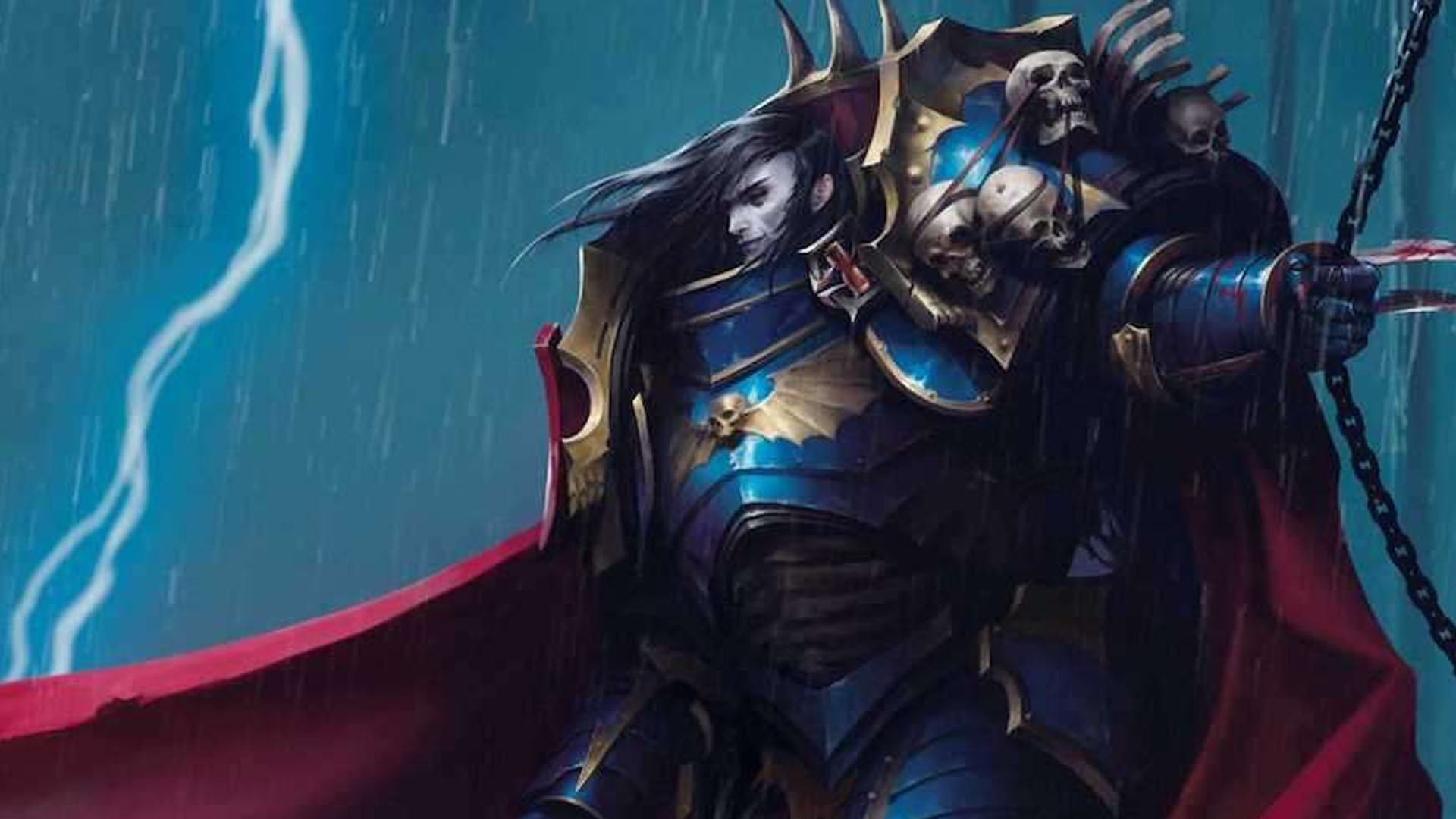 The primarch Konrad Curze, the Night Haunter, in skull-draped armour under lightning