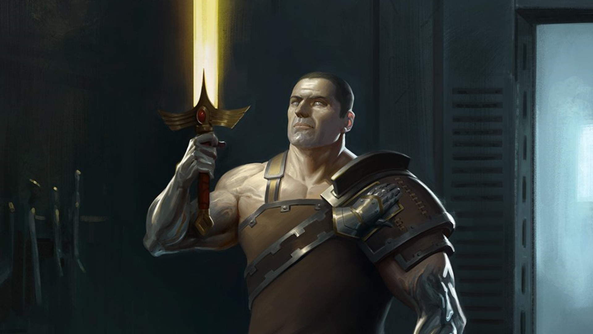 The primarch Ferrus Manus holding a glowing blade