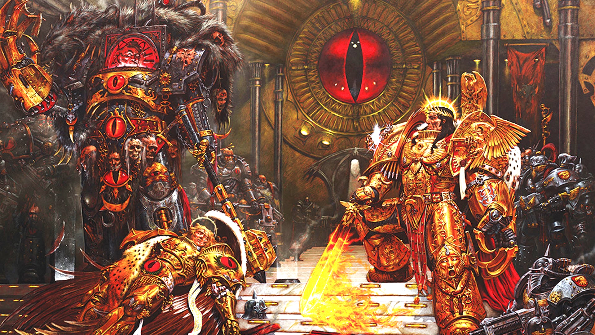 Sanguinius lies dead in the throne room as the Emperor confronts Horus