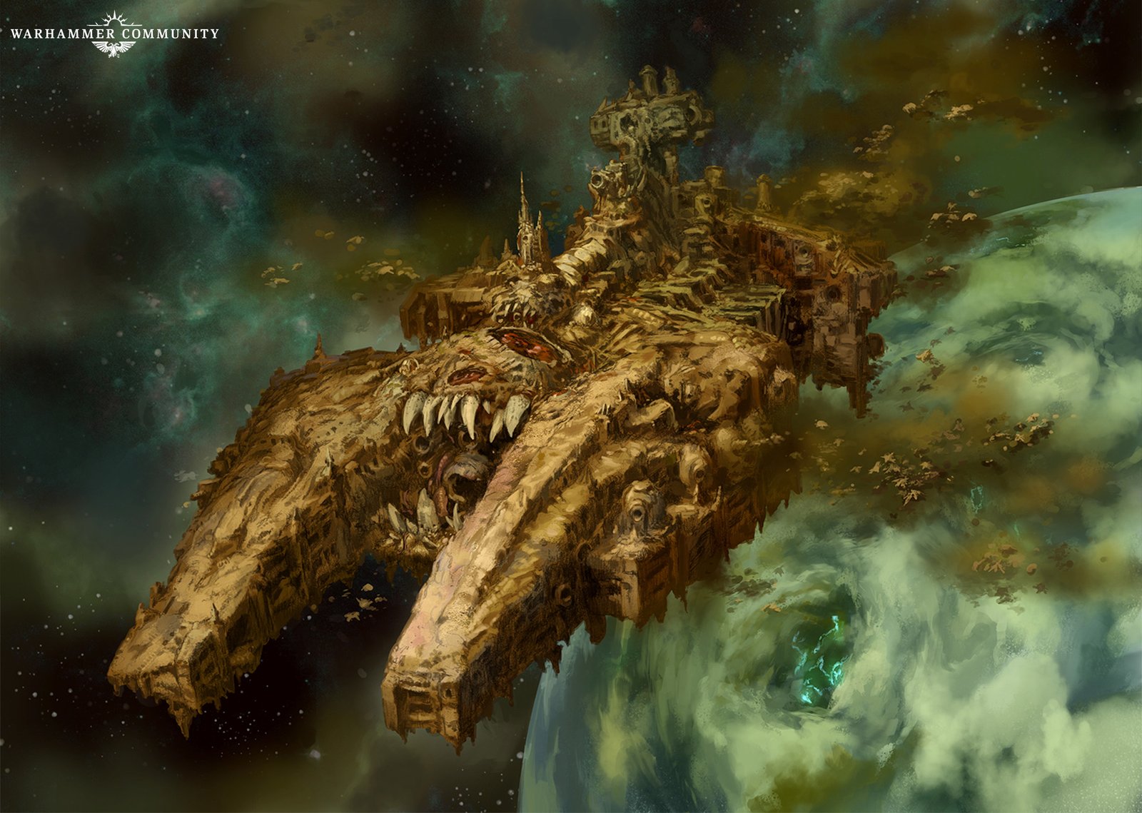 A Death Guard plague hulk warship, hull covered in pustules and teeth, drifting over a sickly green planet