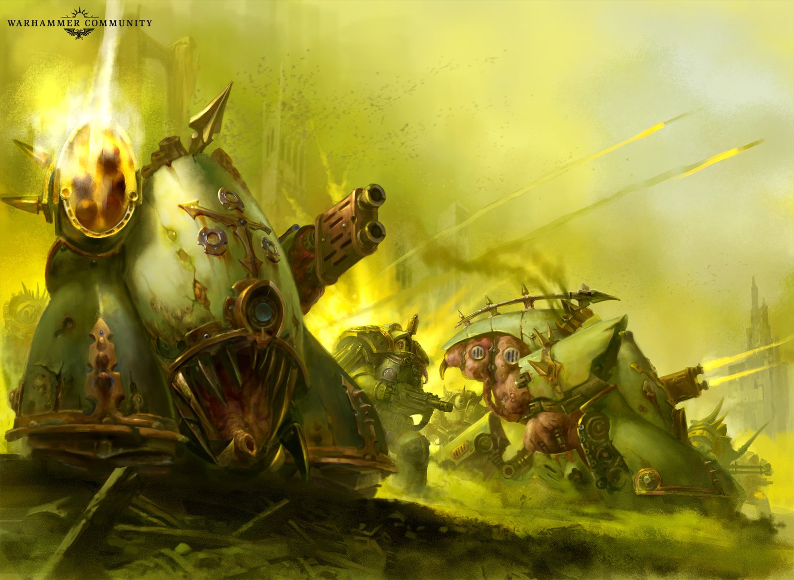 A Plagueburst Crawler tank and Plague Marines advancing through yellow miasma, bolters firing