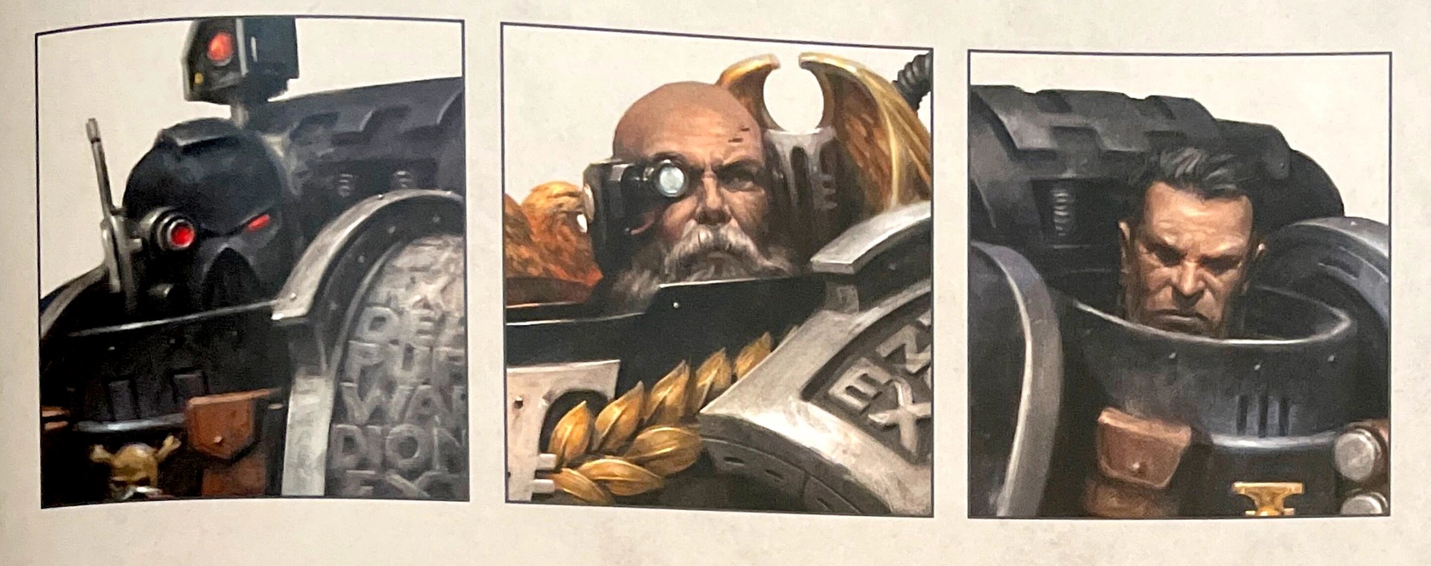 Three Deathwatch veterans in codex artwork, each from a different Chapter, black armour with silvered pauldrons