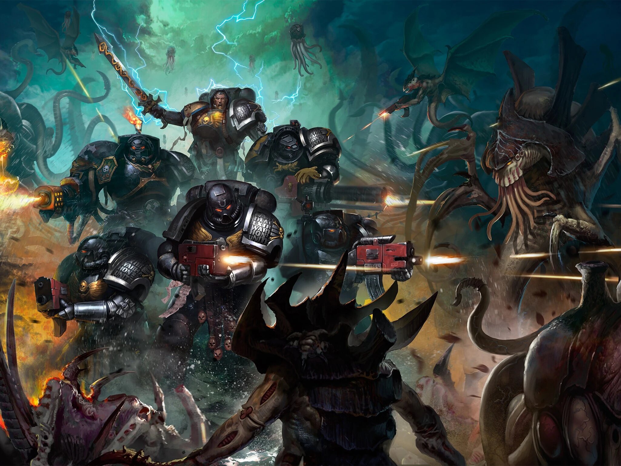A Deathwatch kill team firing into a swarm of tentacled xenos horrors