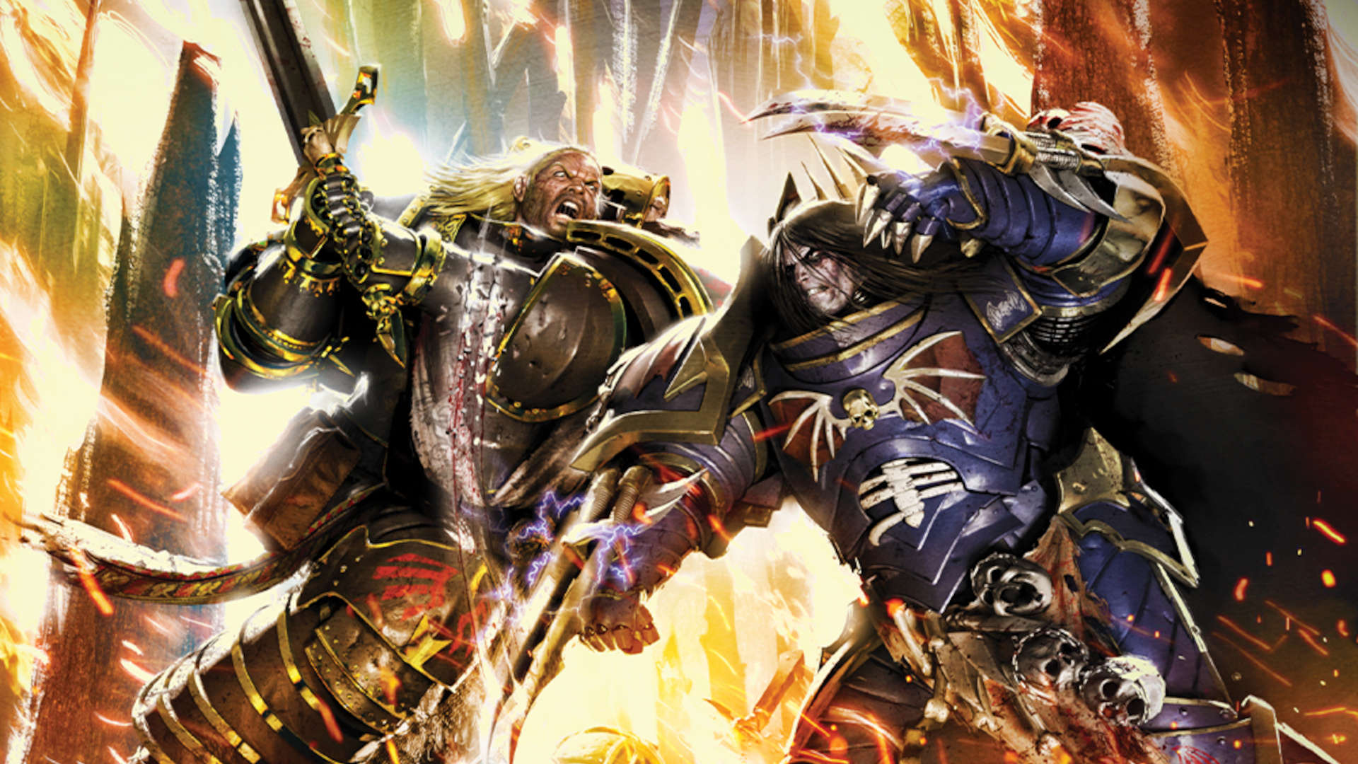 Lion El'Jonson and Konrad Curze locked in single combat amid fire