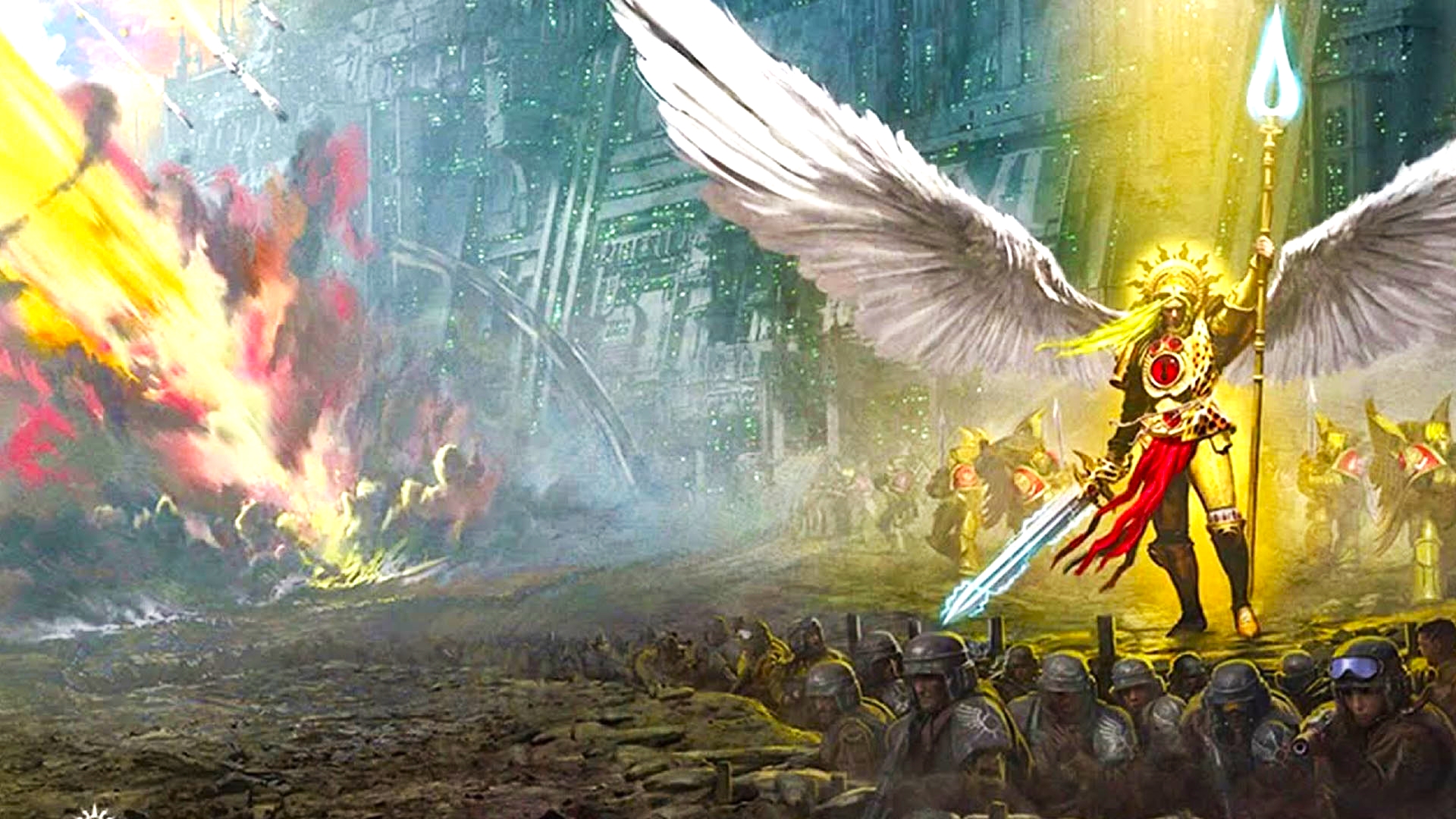 Sanguinius, winged and armoured in gold, leading Imperial troops through a burning city