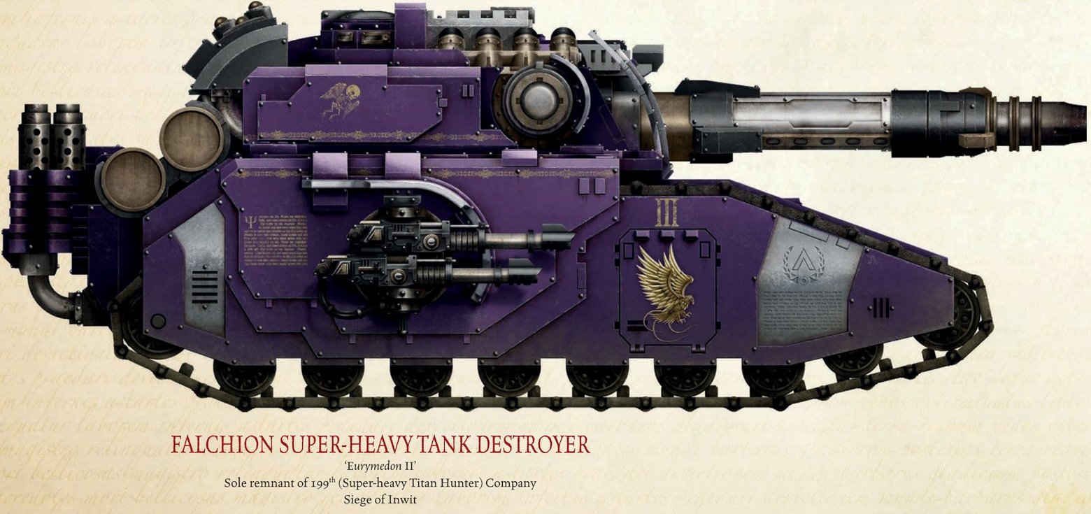 The Falchion super-heavy tank destroyer Eurymedon II, sole remnant of the Emperor's Children 199th Company, from the unreleased Black Book