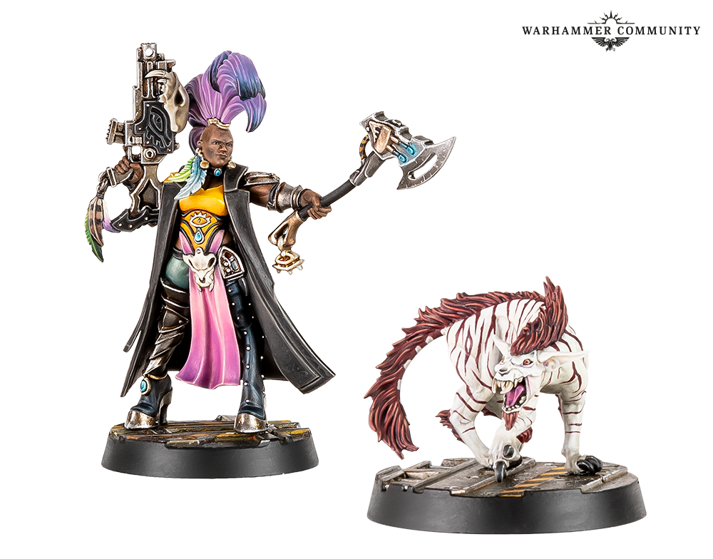 The Escher Gang Queen with her power axe, accompanied by a Phyrr Cat
