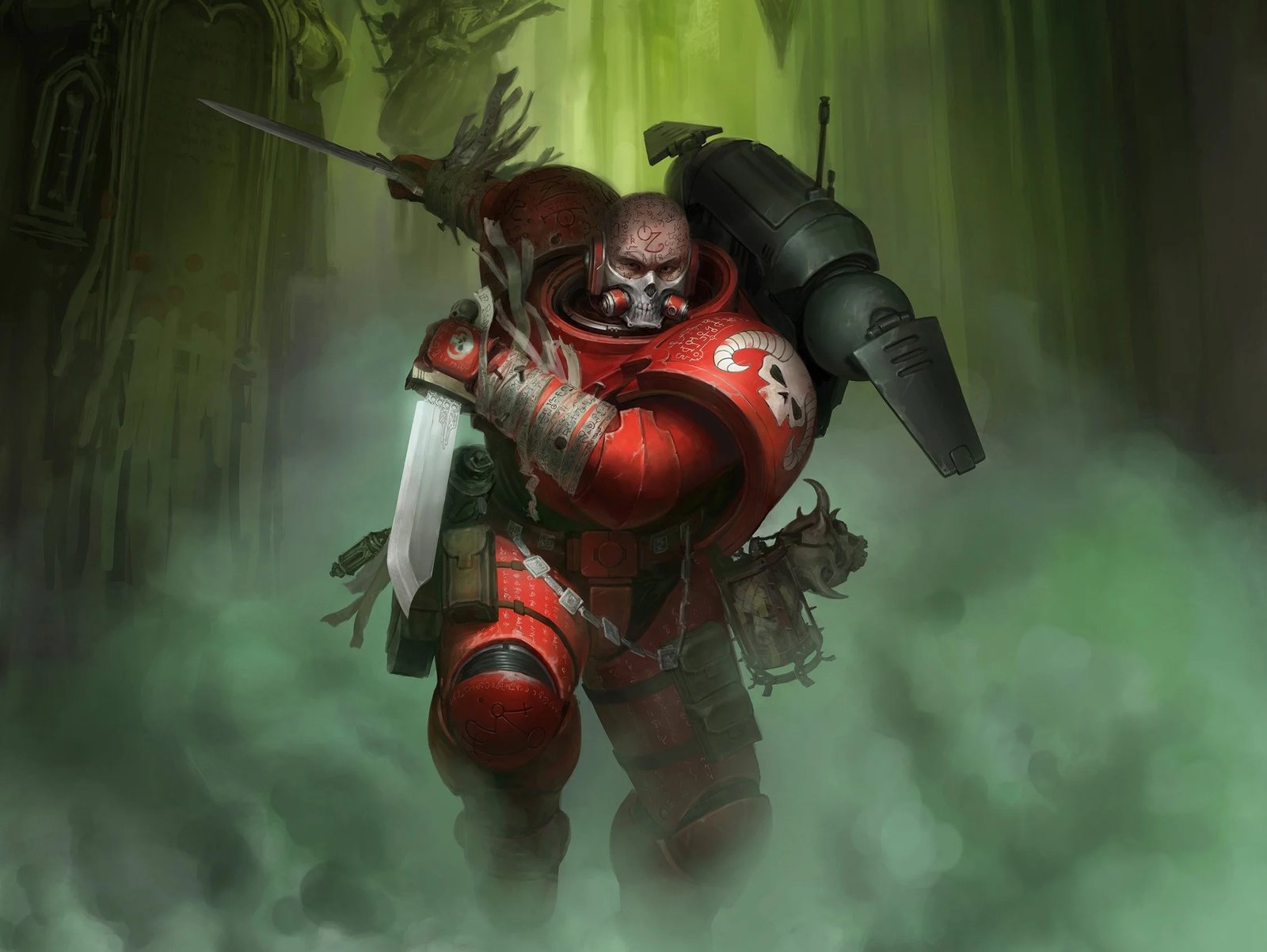 Exorcists Reiver in red Phobos-pattern plate stalking through green mist in a ruined gothic hall