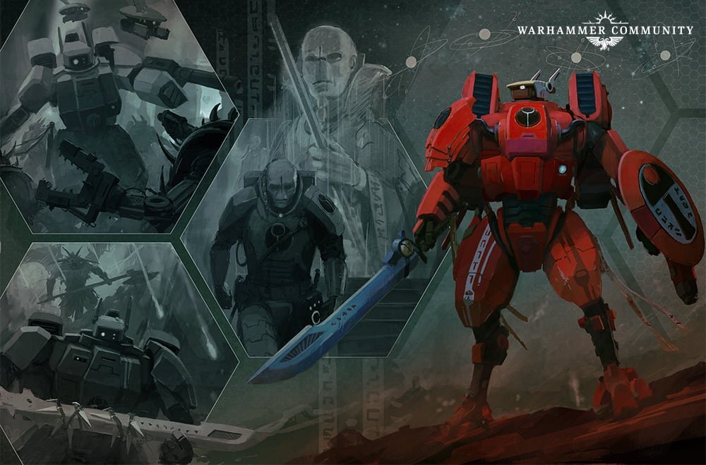 Commander Farsight in red battlesuit armour alongside images of T'au commanders and Ethereals