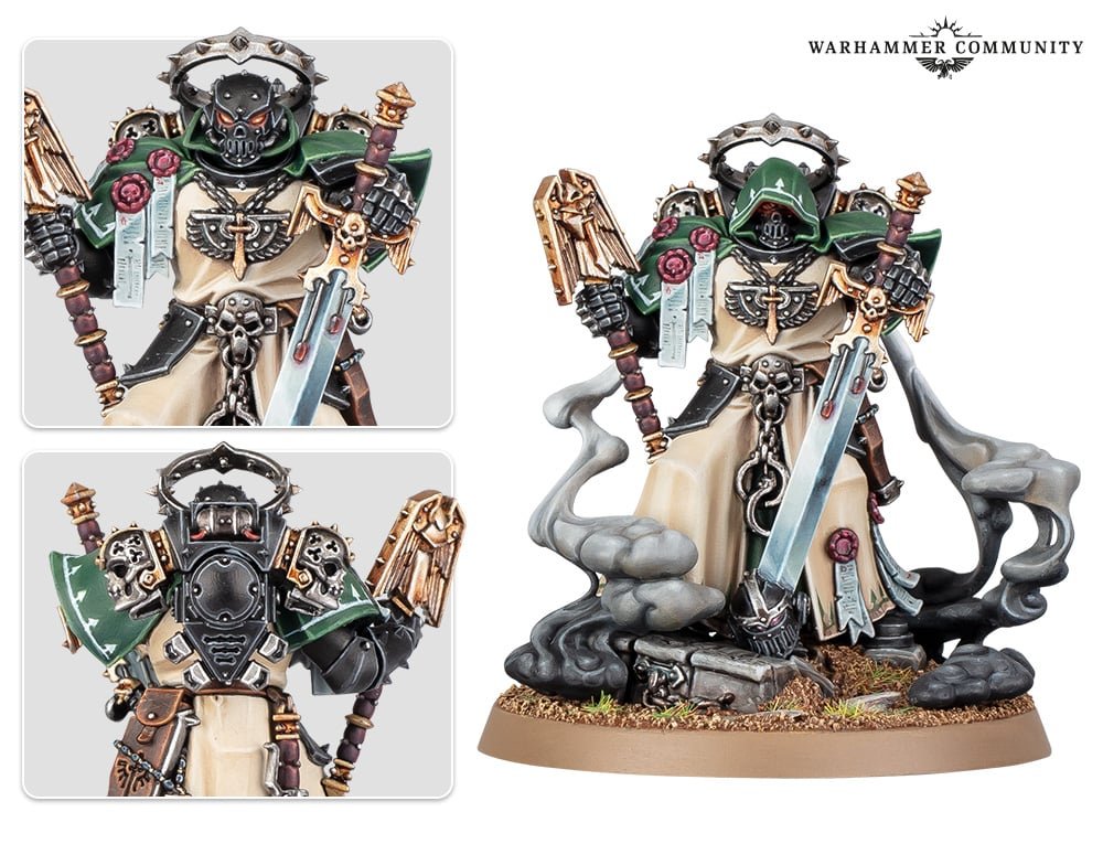 Asmodai, Interrogator-Chaplain of the Dark Angels, in bone-white robes with a crozius and skull helm, shown from three angles