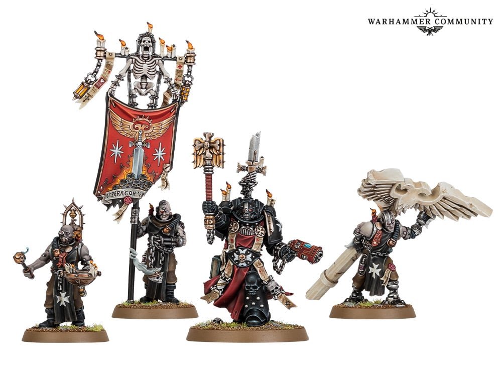 Chaplain Grimaldus with his three Cenobyte Servitors carrying his banner, brazier and relic wings