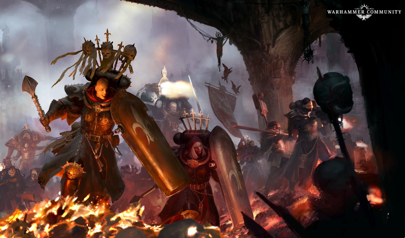 A Ministorum preacher in armour with a skull-crowned backpack swinging a mace, advancing through fire alongside Battle Sisters and banners
