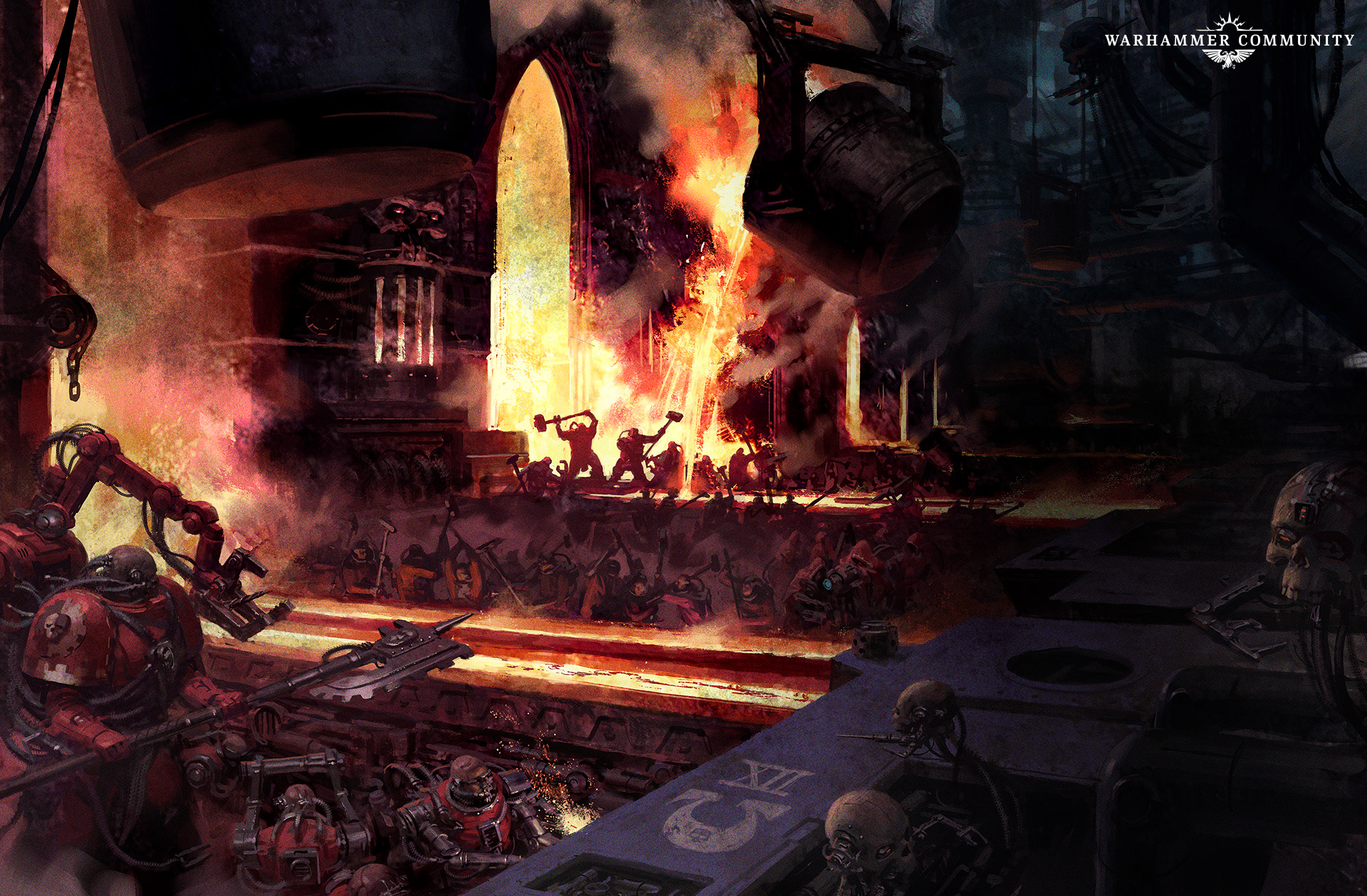 A Space Marine Chapter forge inside a fortress-monastery, with Techmarines working molten metal beneath vaulted arches