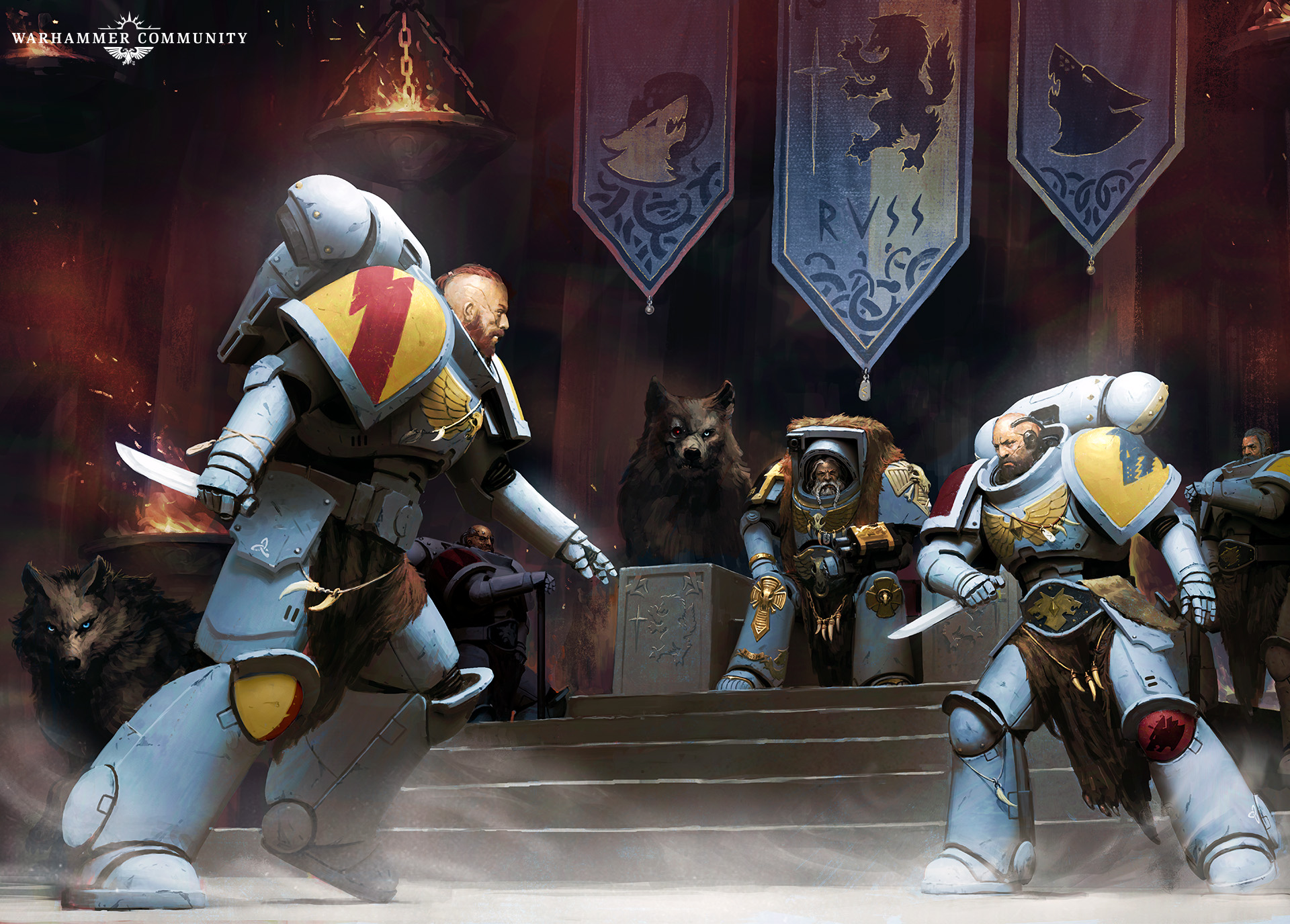 A hall inside the Fang, Space Wolves gathered beneath the banners of Russ with wolves at their heels